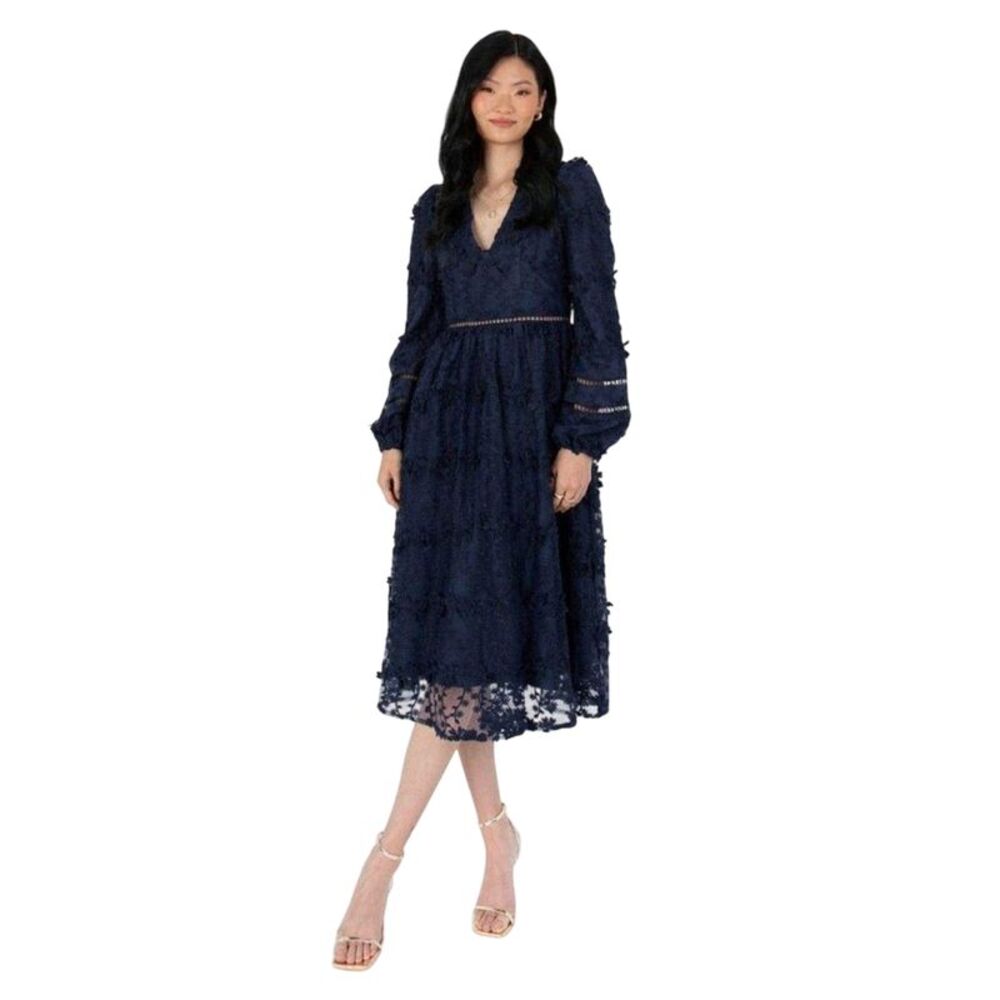 Maya Deluxe Womens/Ladies Floral V Neck Midi Dress / Navy